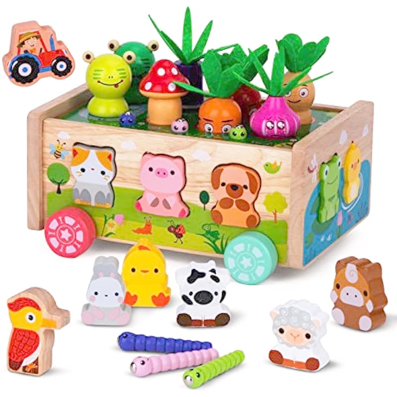 Montessori Wooden Toddler Toys for 1 2 3 Years Old Boys Girls, Shape Sorting Toys First Birthday Gifts for 1-2 Years, Wood Animal Farm Car Preschool Educational Fine Motor Skills Toy