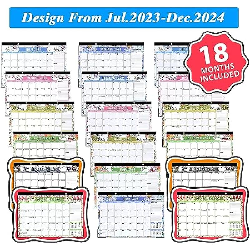 Tobeape Desk Calendar 2024,Large 17”x12” Desktop Wall Calendar,Jul 2023 to Dec 2024,18 Monthly Calendar with Planner Stickers &Hanging Rope,Desk Calendar 2023-2024 for Home School Office-FLoral