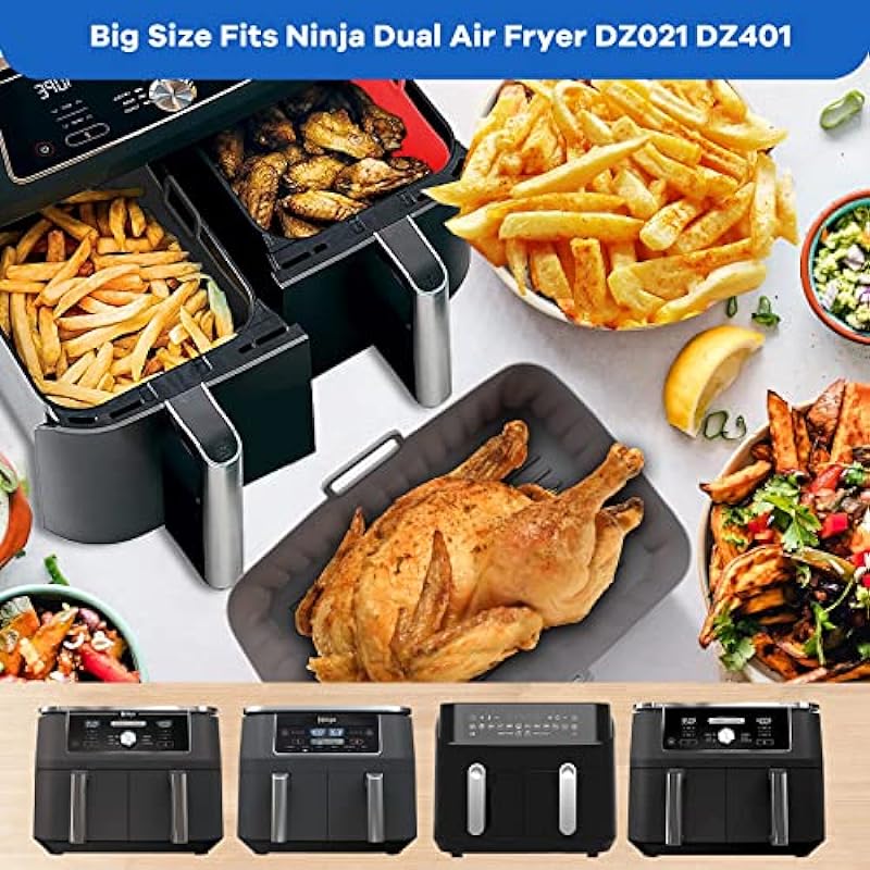 2 Pcs Silicone Air Fryer Liners for Ninja Foodi DZ201 DZ401 6-in-1 8-10QT, Ninja DZ550 DualZone Air Fryer Accessories, Reusable Air Fryer Liner for Microwave Oven, Non-Stick | Easy Cleaning (Black)