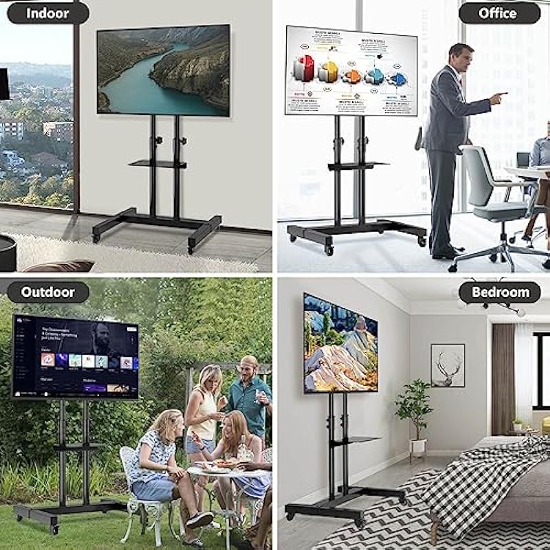 Rfiver Mobile TV Stand, Rolling TV Cart for 32-75 Inch Flat Screen/Curved TVs up to 110 Lbs, Portable TV Mount with Wheels and Height Adjustable, Outdoor Floor TV Stand for Home Office, Black