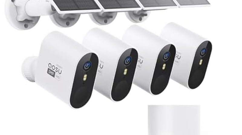 AOSU 5MP/3K Solar Security Cameras System 4-Kit, No Monthly Fee, 32GB Homebase Local Storage, 166° Ultra-Wide Angle Security Camera Wireless Outdoor, Forever-Solar Powered, Color Night Vision