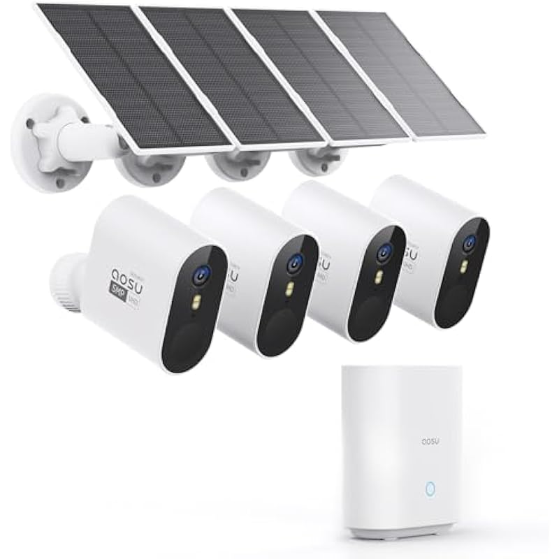 AOSU 5MP/3K Solar Security Cameras System 4-Kit, No Monthly Fee, 32GB Homebase Local Storage, 166° Ultra-Wide Angle Security Camera Wireless Outdoor, Forever-Solar Powered, Color Night Vision