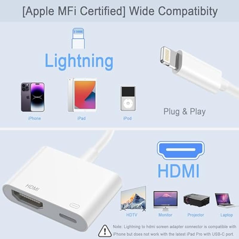 [Apple MFi Certified] Lightning to HDMI Adapter for iPhone, Digital AV Audio Dongle,1080P Sync Screen Cable with Lightning Charging Port for iPhone, iPad to TV/Projector/Monitor No Power Needed