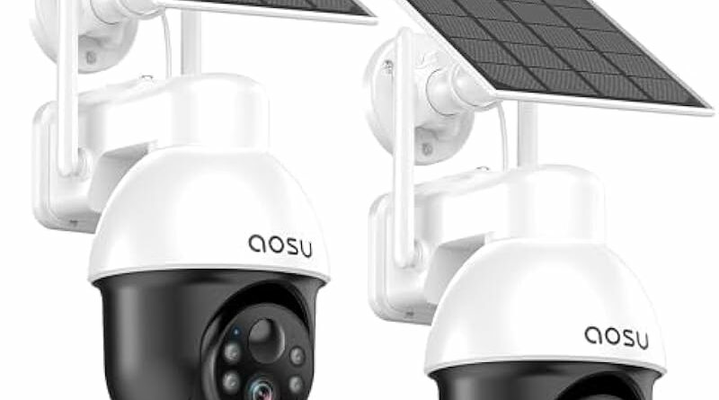 AOSU 3K/5MP Solar Security Cameras Wireless Outdoor, WiFi Camera Surveillance Exterieur for Home Security, Panoramic PTZ, Auto Tracking, Human/Vehicle Detection, Night Vision (2 Pack)