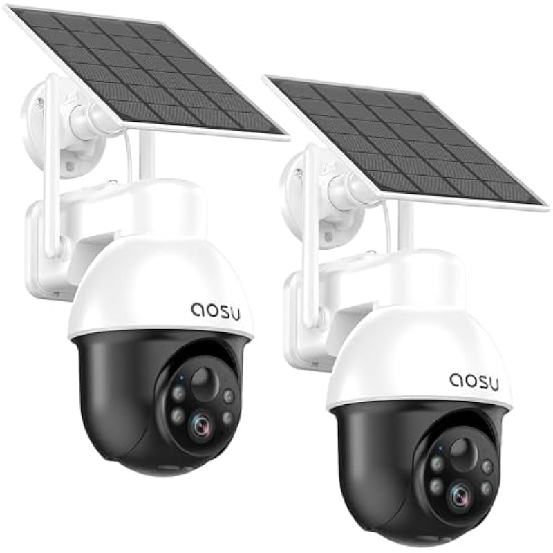 AOSU 3K/5MP Solar Security Cameras Wireless Outdoor, WiFi Camera Surveillance Exterieur for Home Security, Panoramic PTZ, Auto Tracking, Human/Vehicle Detection, Night Vision (2 Pack)