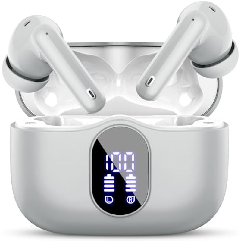 Wireless Earbuds, Bluetooth Headphones 5.3 HiFi Stereo, Wireless Earphones with ENC Noise Cancelling Mic, IP7 Waterproof in Ear Wireless Headphones, Touch Control, LED Digital Display Ear Buds Grey