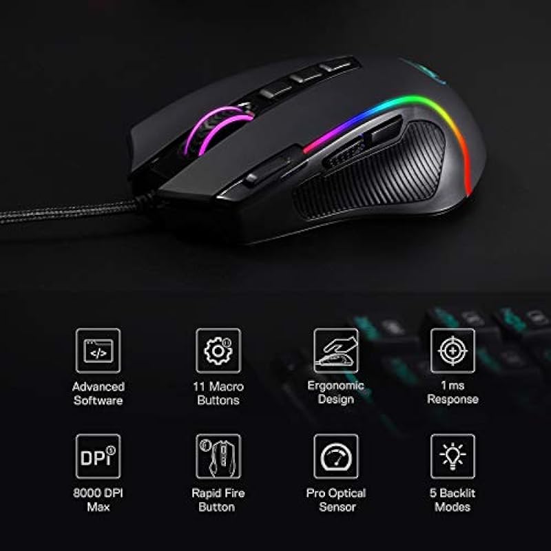 Redragon M612 Predator RGB Gaming Mouse, 8000 DPI Wired Optical Gamer Mouse with 11 Programmable Buttons & 5 Backlit Modes, Software Supports DIY Keybinds Rapid Fire Button