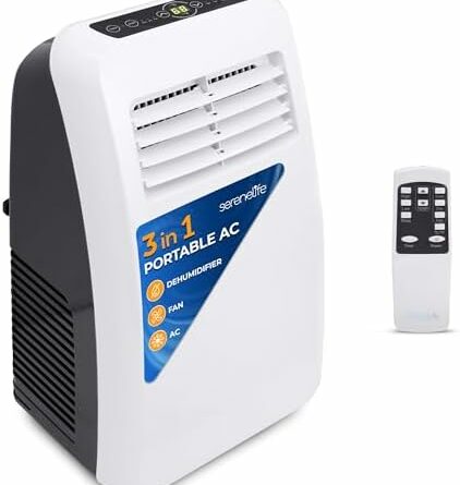 SereneLife Portable Electric Air Conditioner Unit-900W 8000 BTU Power Plug-in AC Cold Indoor Room Conditioning System with Cooler, Dehumidifier, Fan, Exhaust Hose, Window Seal, Wheels, Remote (SLPAC8)