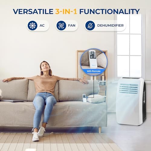 SereneLife Portable Electric Air Conditioner Unit-900W 8000 BTU Power Plug-in AC Cold Indoor Room Conditioning System with Cooler, Dehumidifier, Fan, Exhaust Hose, Window Seal, Wheels, Remote (SLPAC8)