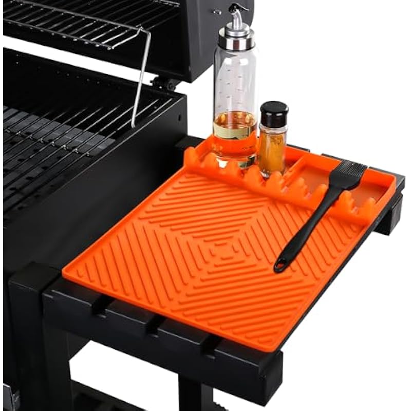 Grill Mat- Side Shelf Mat for Blackstone Silicone Grill Pad for Outdoor Grill Kitchen Counter Large Silicone Spatula Mat with Drip Pad, Grill BBQ Caddy Utensils Holder for Griddle Accessories