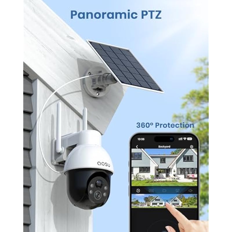 AOSU 3K/5MP Solar Security Cameras Wireless Outdoor, WiFi Camera Surveillance Exterieur for Home Security, Panoramic PTZ, Auto Tracking, Human/Vehicle Detection, Night Vision (2 Pack)
