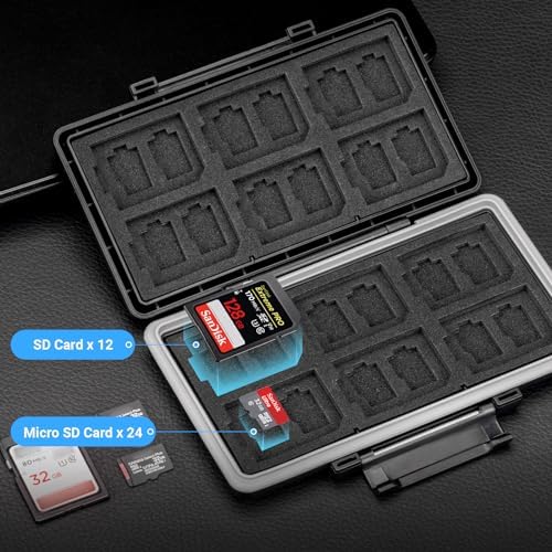 36 Slots Memory Card Case Water-Resistant Anti-Shock Memory Card Wallet for 24 Micro SD SDXC SDHC TF Cards and 12 SD SDXC SDHC Cards