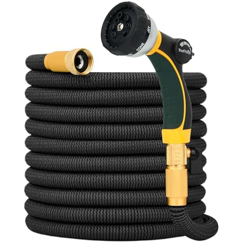 TheFitLife Expandable Garden Hose 100FT – Upgraded Strengthened Multiple Latex Inner and 3/4 inch US Standard Solid Metal Fittings Free Spray Nozzle Convenient Storage Kink Free Flexible Water Hose