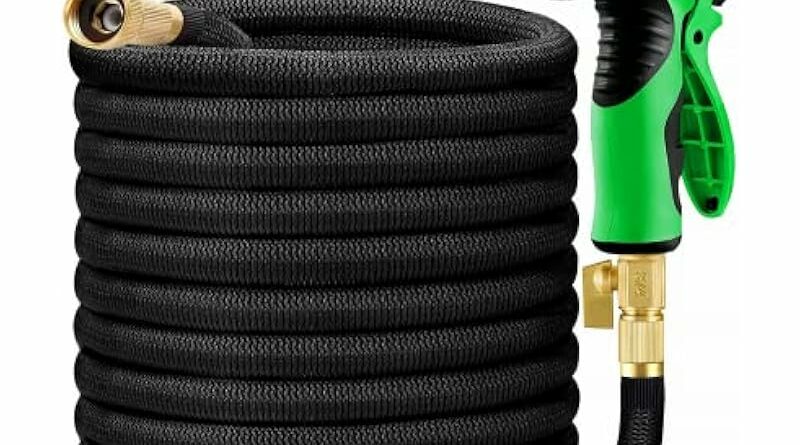 HBlife 100ft Garden Hose, Expandable Water Hose with 3/4 Inch Solid Brass Fittings, Extra Strength Fabric - Flexible Expanding Hose with 9 Function Water Spray Nozzle, Black