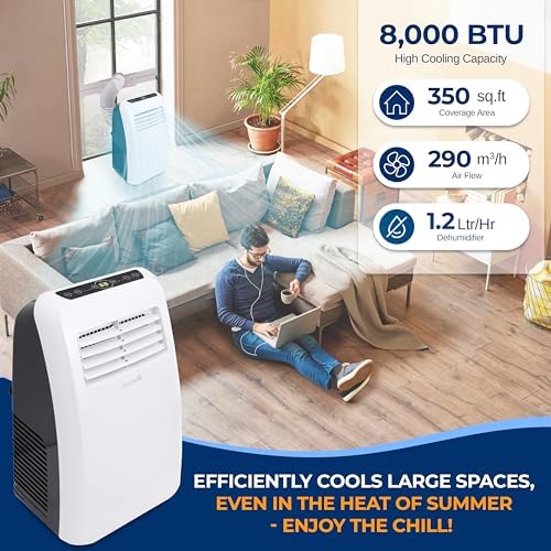 SereneLife Portable Electric Air Conditioner Unit-900W 8000 BTU Power Plug-in AC Cold Indoor Room Conditioning System with Cooler, Dehumidifier, Fan, Exhaust Hose, Window Seal, Wheels, Remote (SLPAC8)