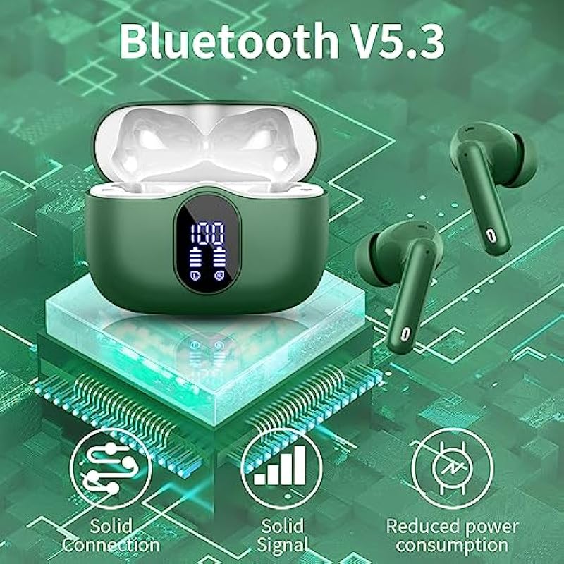 Wireless Earbuds, Bluetooth Headphones 5.3 HiFi Stereo, Wireless Earphones with ENC Noise Cancelling Mic, IP7 Waterproof in Ear Wireless Headphones, Touch Control, LED Digital Display Ear Buds, Green