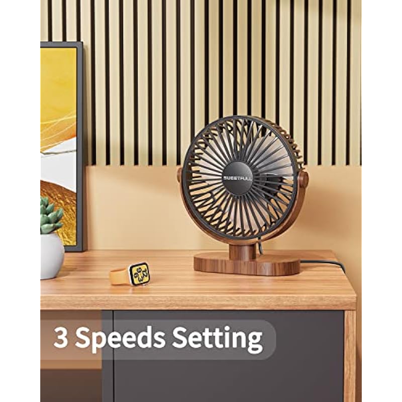 SWEETFULL 6.5 Inch USB Small Desk Fan, 3 Speeds Quiet Portable Desktop Table Fan, 360° Adjustment Personal Mini Fan for Home Office Car Outdoor Travel (Black wood grain)