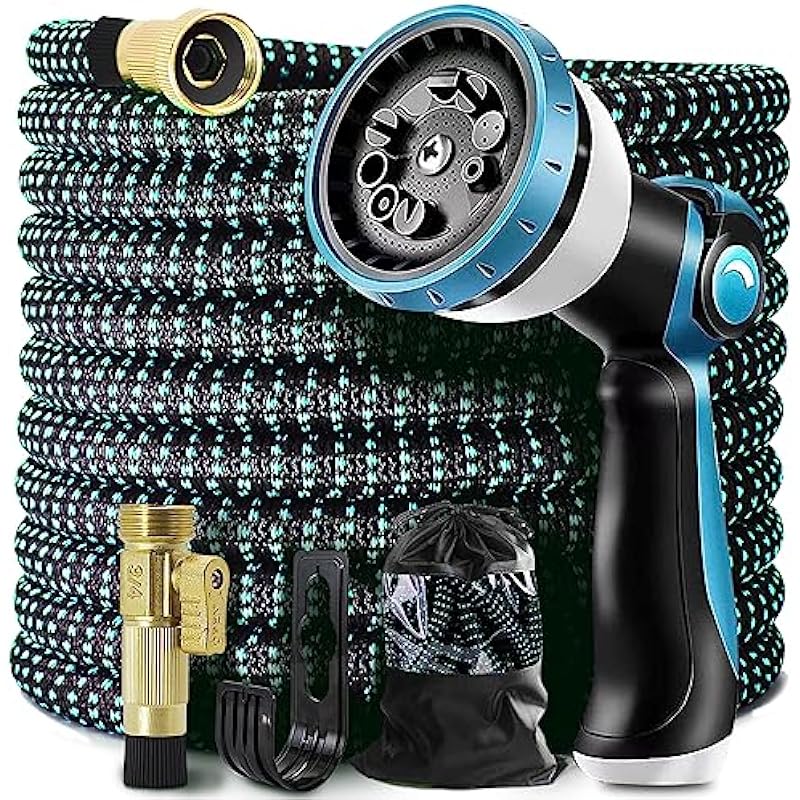 Relxitl Expandable Garden Hose 100ft Flexible Water Hose, 10 Function Sprayer Nozzle, 3/4 Inch Solid Metal Fittings Lawn Yard Garden Outdoor Hose (100ft, Black and Blue)